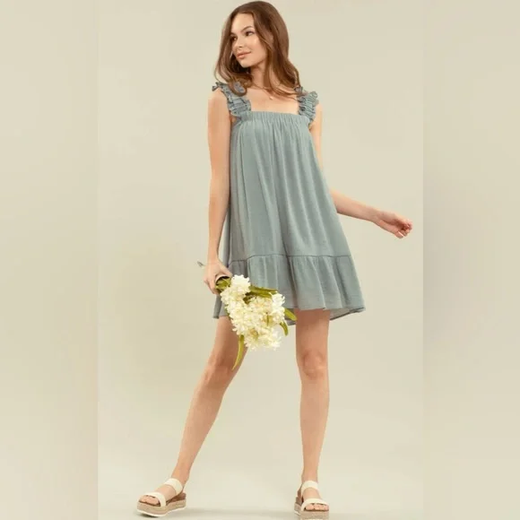 Blue-green Tiered Mini Sundress with Square Neck/ Ruffle Cinched Shoulder Straps - Picture 2 of 13
